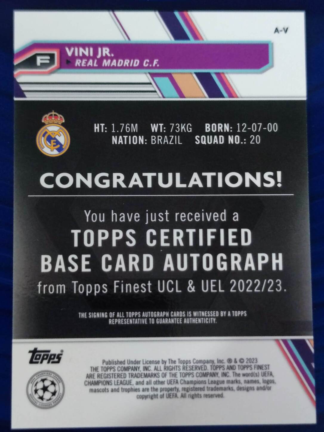 TOPPS FINEST UCL 2022/2023 VINI JR. AUTO NºA-V NUMERADO /150