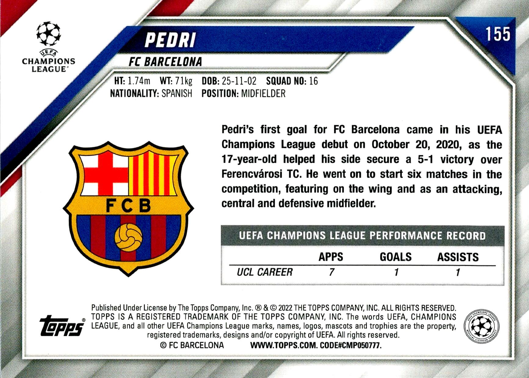 TOPPS UEFA CHAMPIONS LEAGUE 2021/2022 PEDRI ALL STARS ROOKIE Nº155