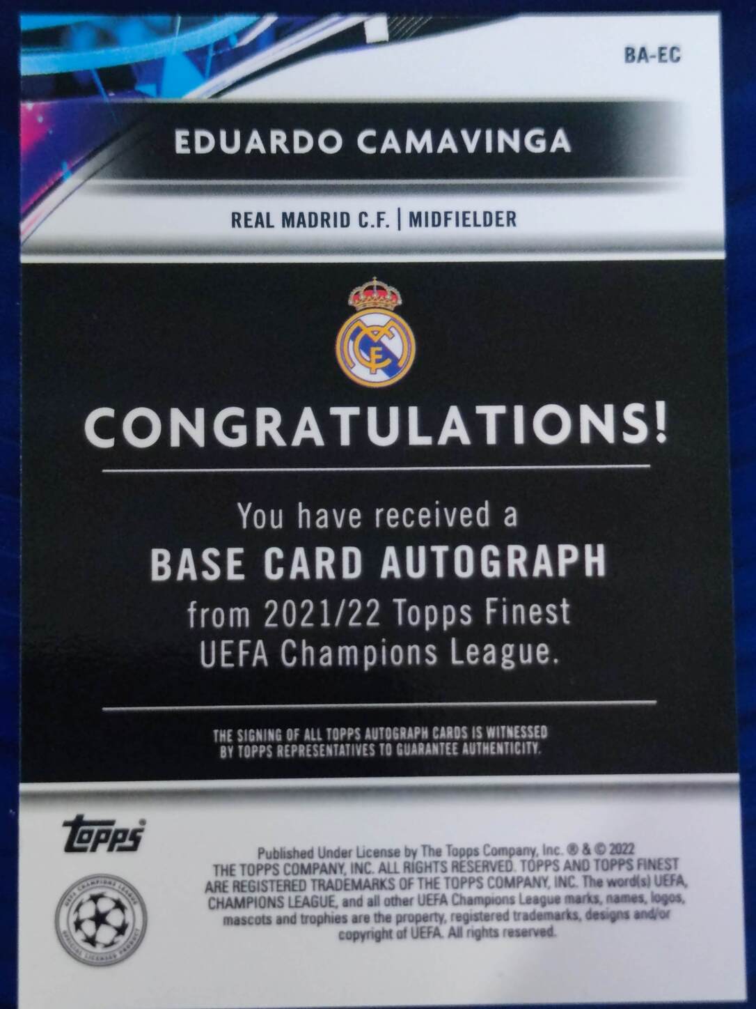 TOPPS FINEST UCL 2021/2022 EDUARDO CAMAVINGA AUTO NºBA-EC