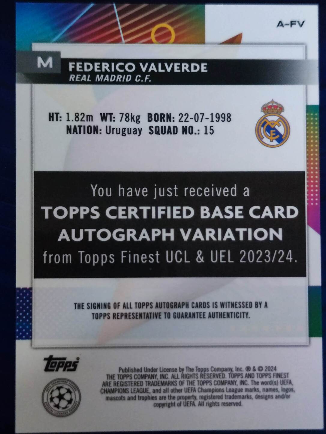 TOPPS FINEST UCL 2023/2024 FEDERICO VALVERDE AUTO NºA-FV