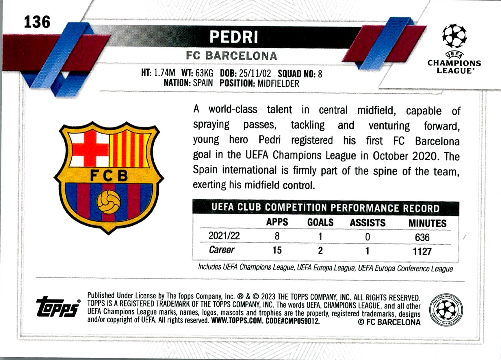 TOPPS UEFA CHAMPIONS LEAGUE 2022/2023 PEDRI Nº136 - 1ST