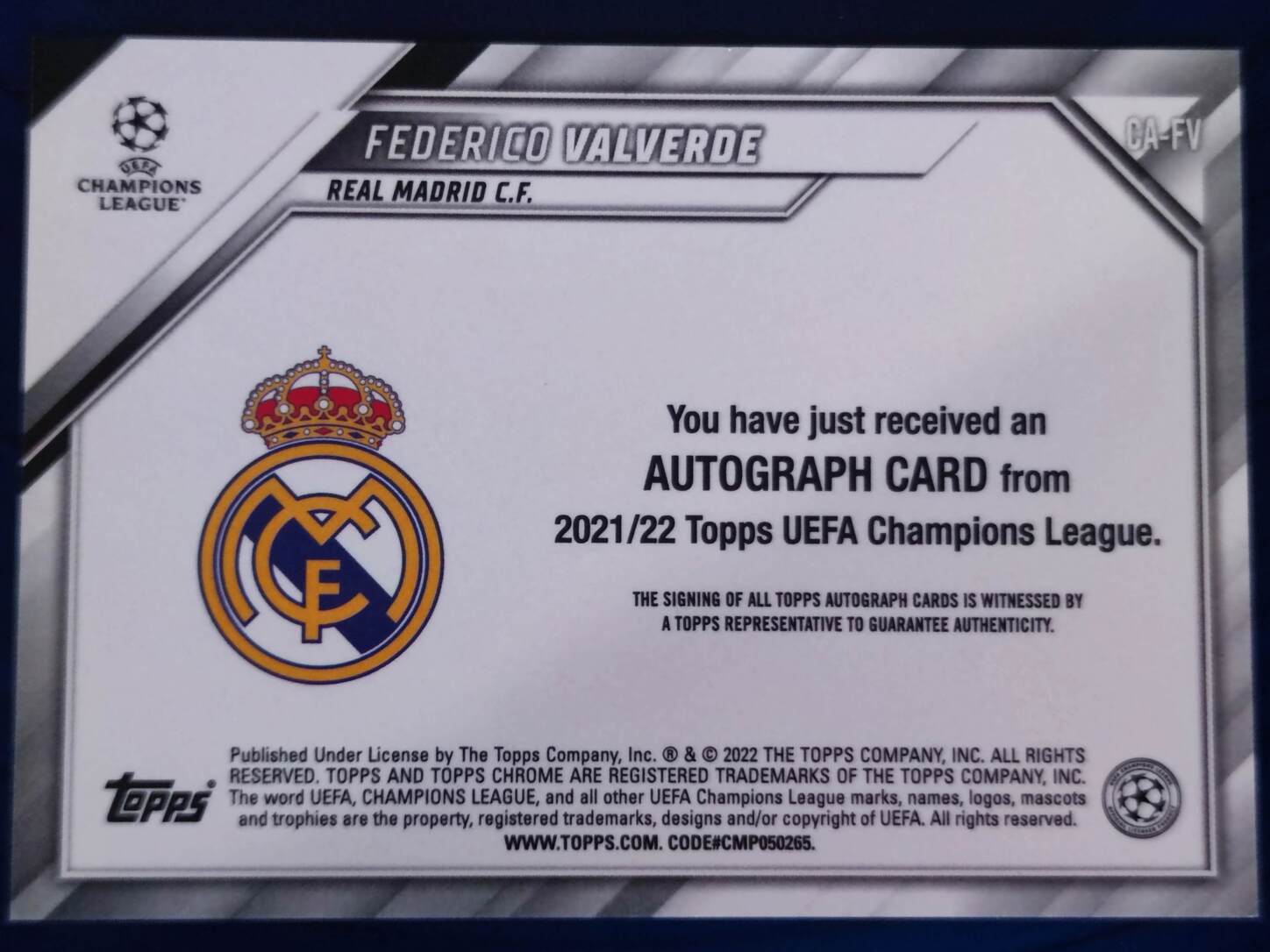TOPPS CHROME UCL 2021/2022 FEDERICO VALVERDE AQUA AUTO NºDA-FV