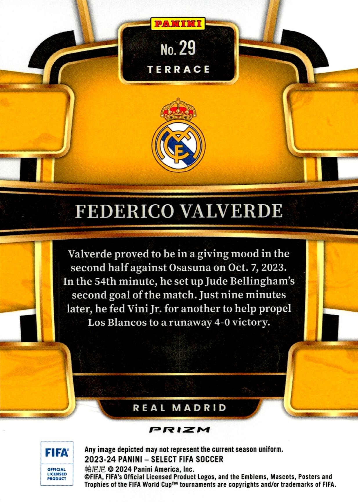 PANINI SELECT FIFA 2023/2024 FEDERICO VALVERDE WHITE SPARKLE Nº29