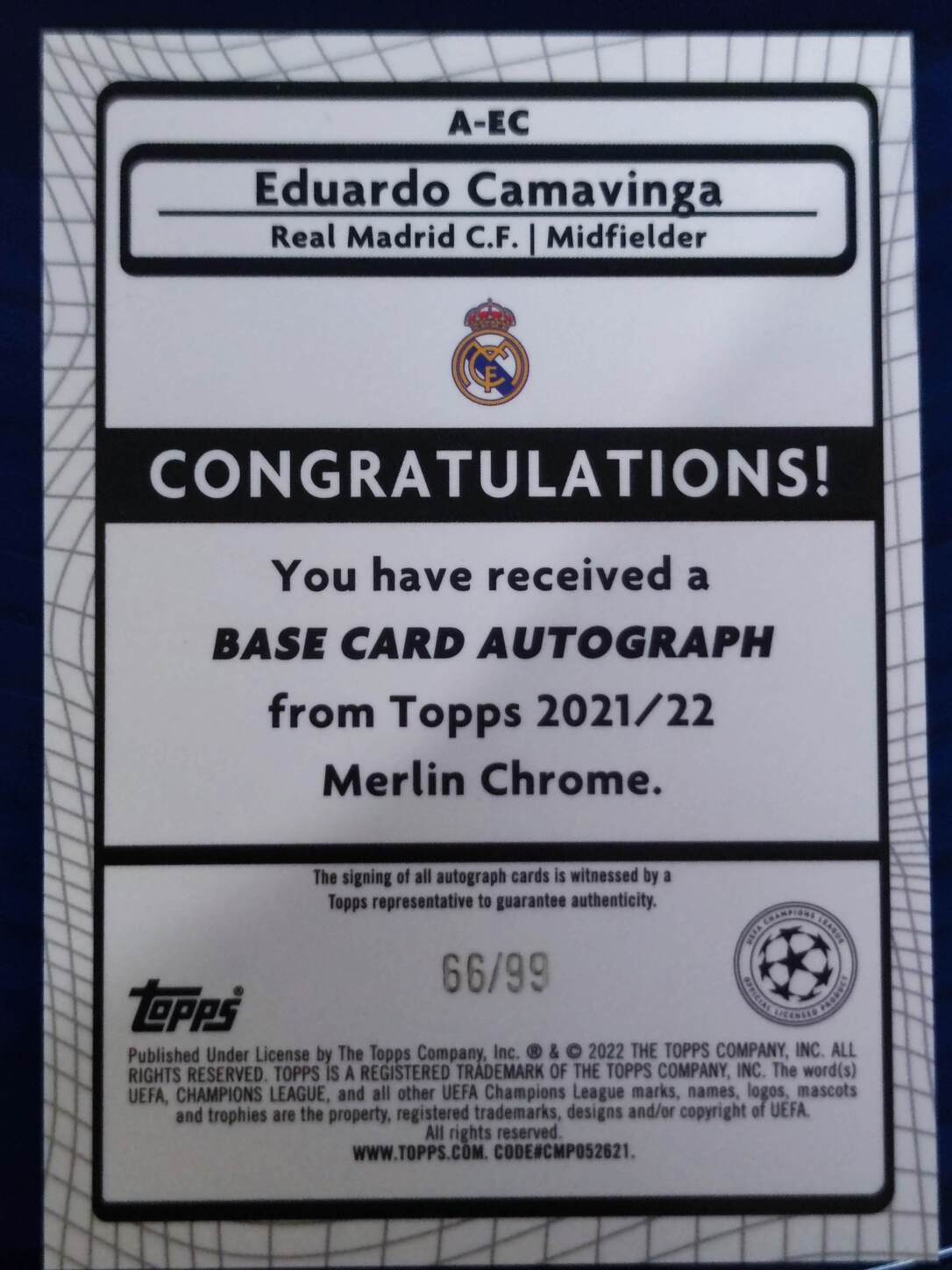 TOPPS MERLIN UCL 2021/2022 EDUARDO CAMAVINGA AUTO NºA-EC NUMERADO /99