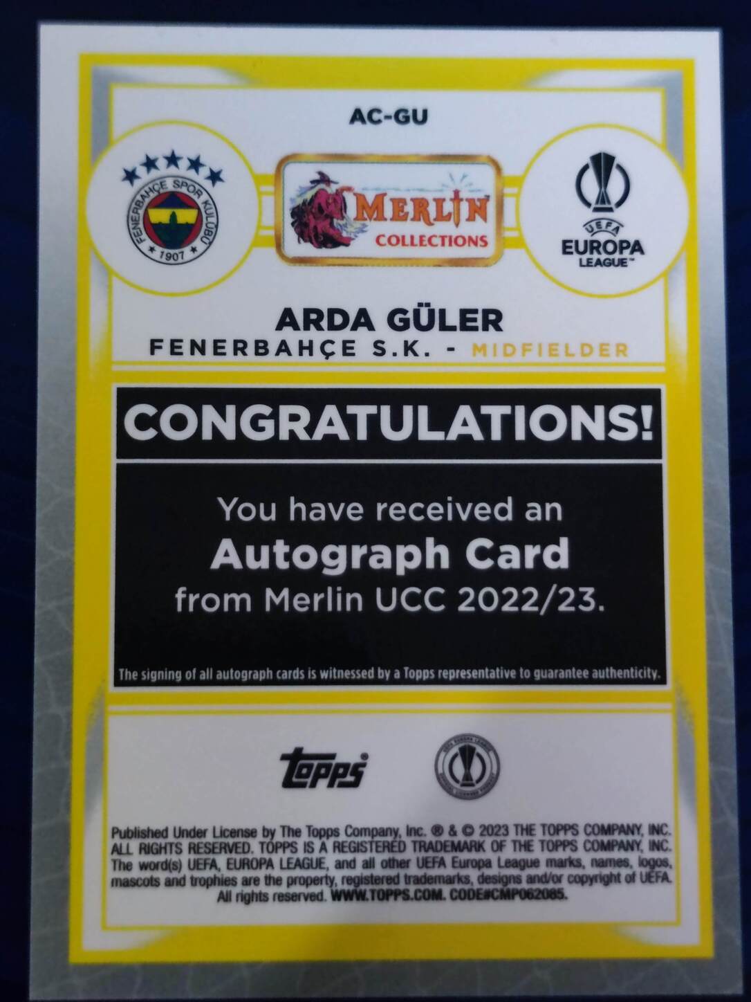 TOPPS MERLIN UCL 2022/2023 ARDA GÜLER AUTO NºAC-GU ROOKIE