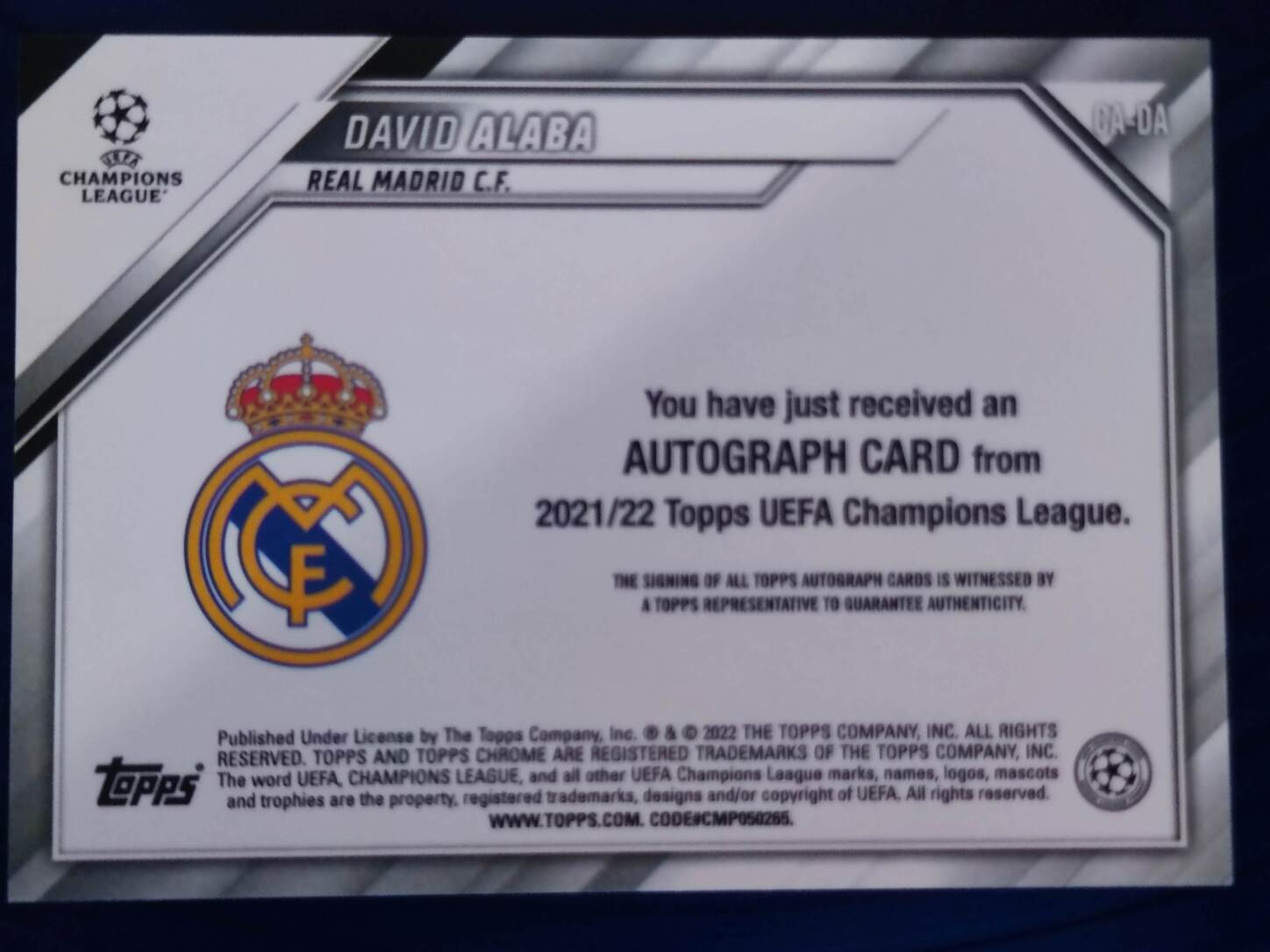 TOPPS CHROME UCL 2021/2022 DAVID ALABA AUTO NºDA-DA