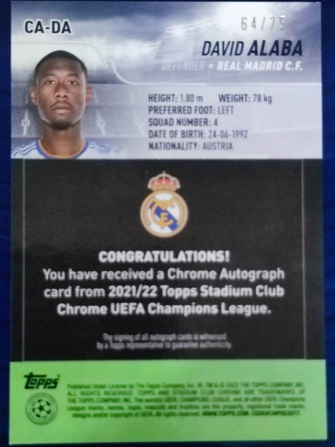 TOPPS STADIUM CHROME UCL 2021/2022 DAVID ALABA AUTO NºCA-DA NUMERADO /75