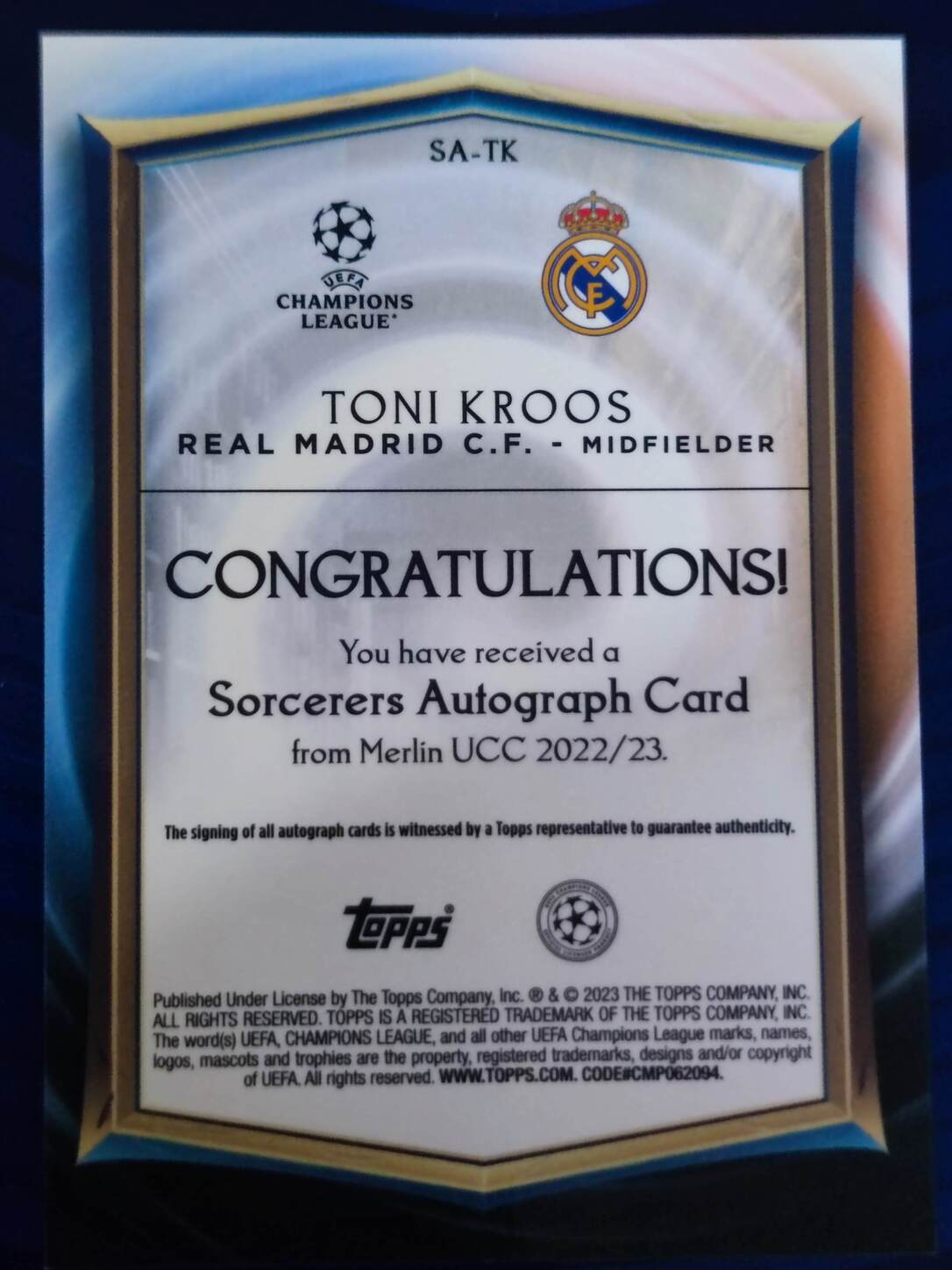 TOPPS MERLIN UCL 2022/2023 TONI KROOS AUTO NºSA-TK NUMERADO /50