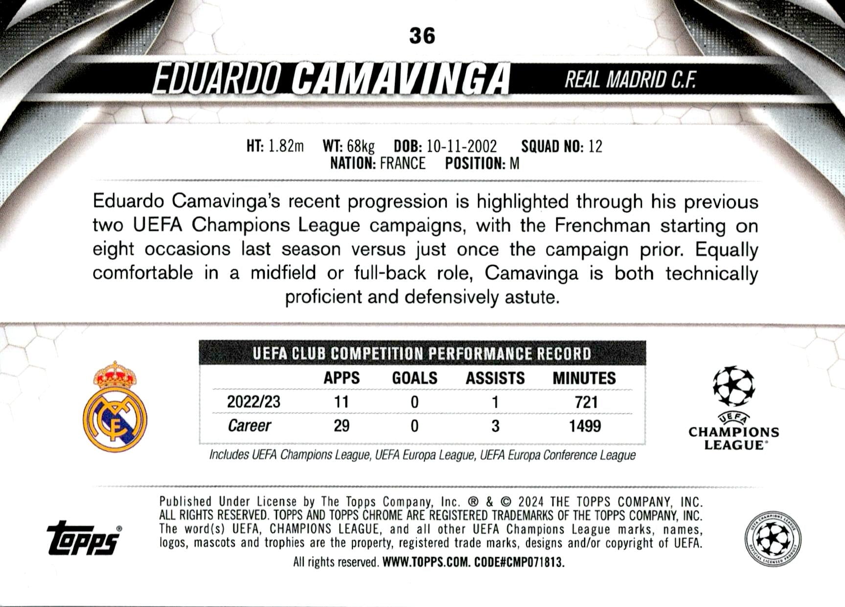 TOPPS CHROME 2023/2024 CAMAVINGA BLUE PARALLEL Nº36