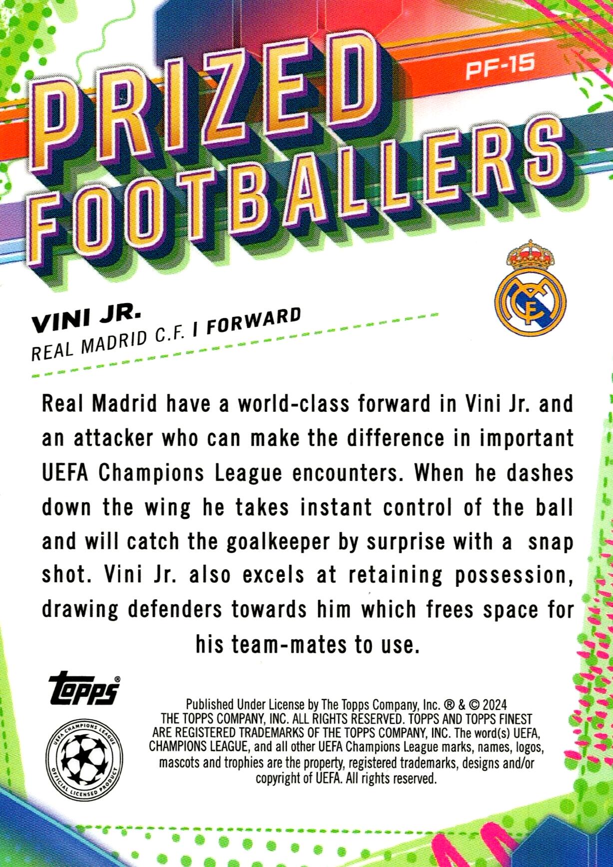 TOPPS FINEST 2023/2024 VINI JR. PRIZED FOOTBALLERS NºPF-15