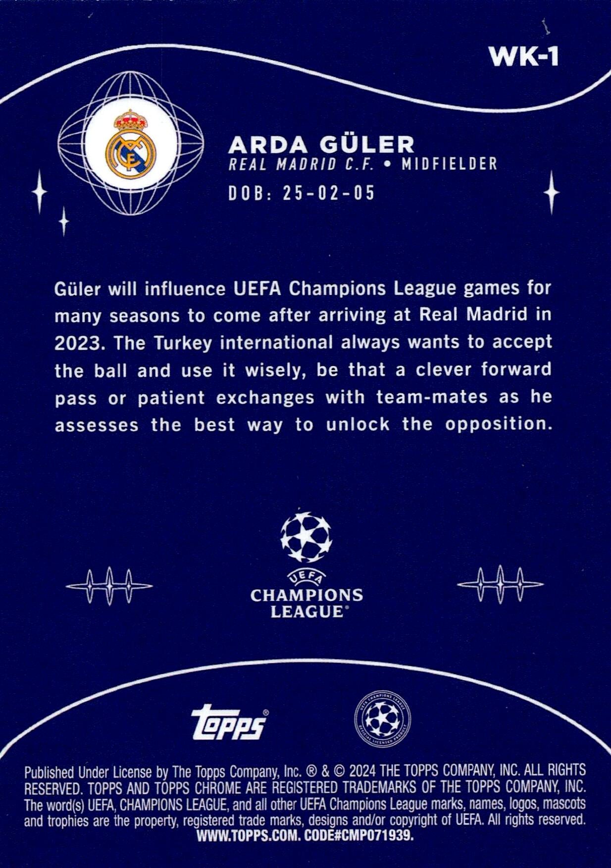 TOPPS CHROME 2023/2024 ARDA GÜLER WONDERKIDS NºWK-1