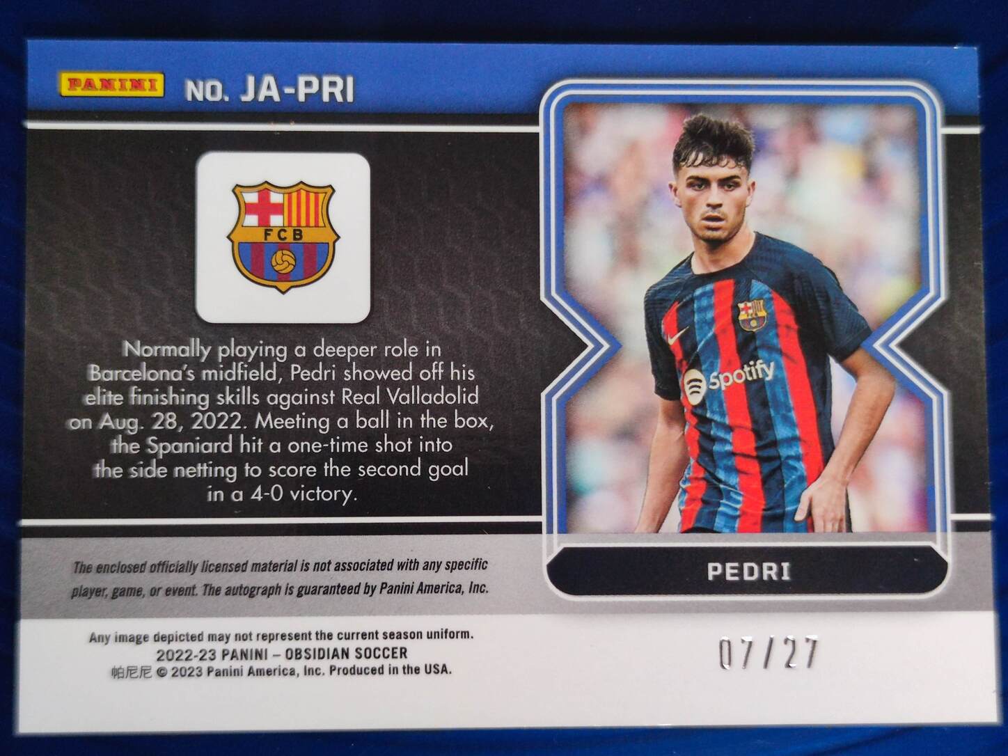 PANINI OBSIDIAN 2022/2023 AUTO PARCHE PEDRI NºJA-PRI NUMERADA /27