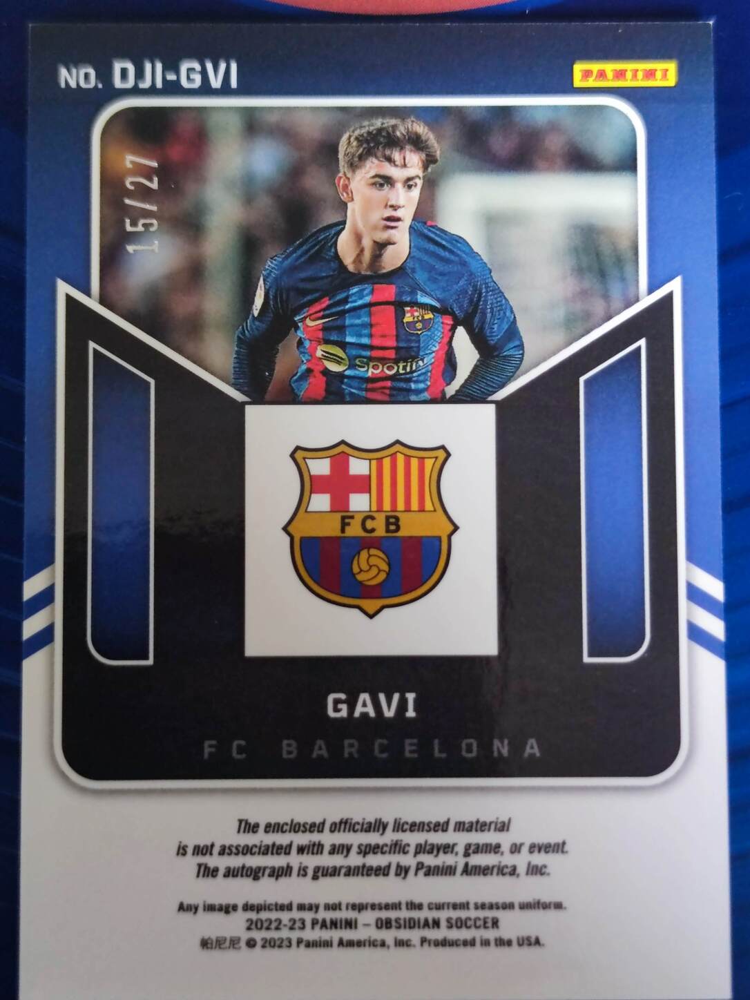 PANINI OBSIDIAN 2022/2023 AUTO PARCHE GAVI NºDJI-GVI NUMERADA /27