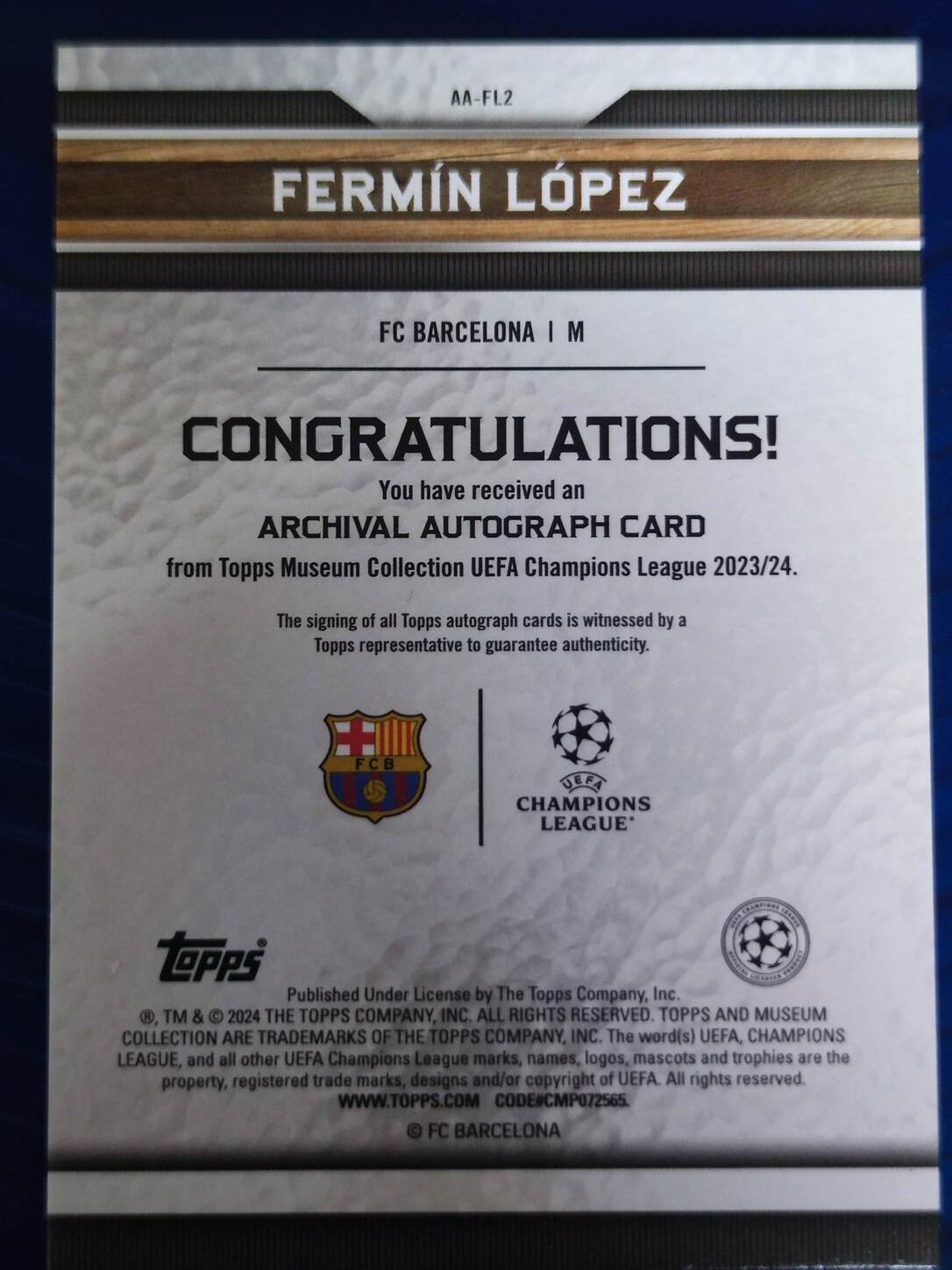 TOPPS MUSEUM UCL 2023/2024 AUTO FERMIN LÓPEZ ROOKIE NºAA-FL2 NUMERADA /75