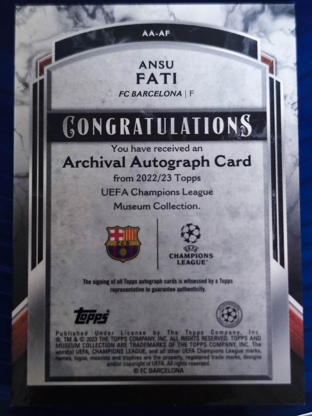 TOPPS MUSEUM UCL 2022/2023 AUTO ANSU FATI NºAA-AF NUMERADA /299