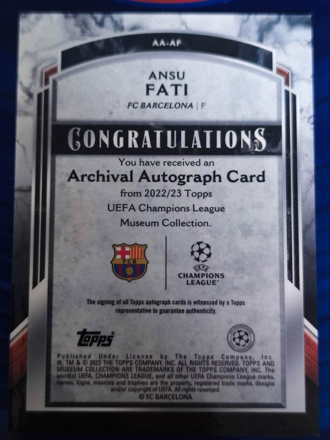 TOPPS MUSEUM UCL 2022/2023 AUTO ANSU FATI NºAA-AF NUMERADA /299