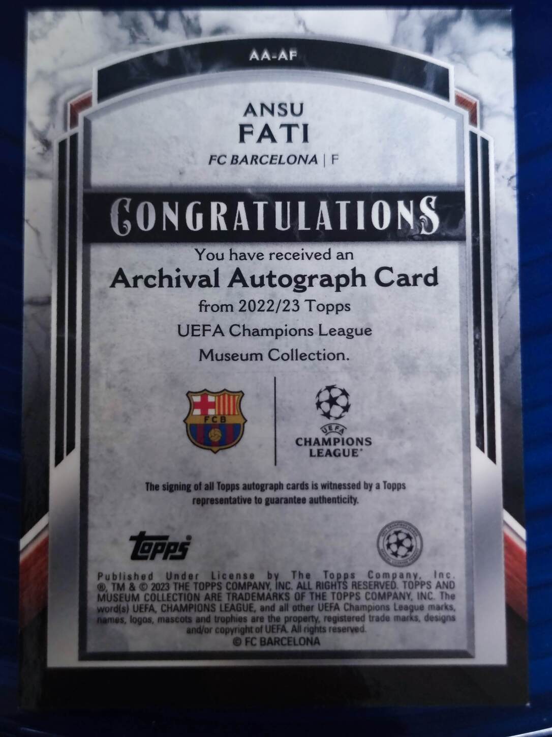TOPPS MUSEUM UCL 2022/2023 AUTO ANSU FATI NºAA-AF NUMERADA /299