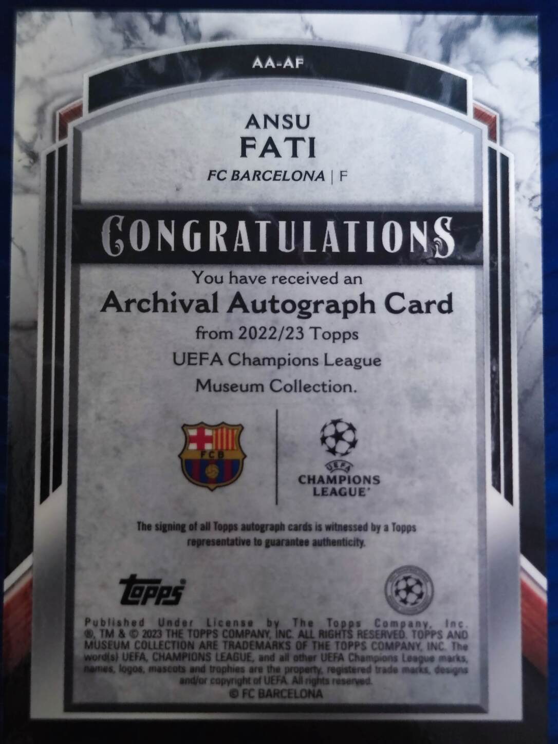 TOPPS MUSEUM UCL 2022/2023 AUTO ANSU FATI NºAA-AF NUMERADA /299