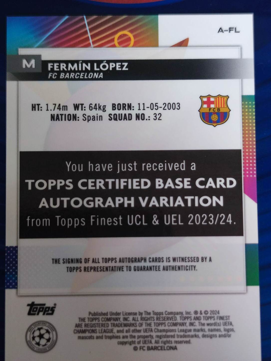 TOPPS FINEST UCL 2023/2024 AUTO FERMÍN LÓPEZ NºA-FL ROOKIE