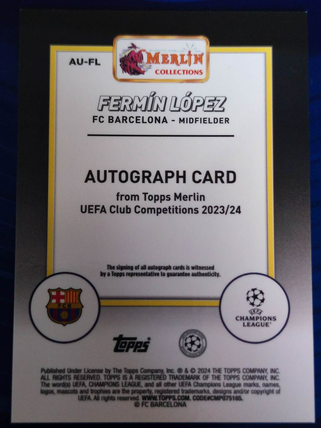 TOPPS MERLIN UCL 2023/2024 AUTO FERMÍN LÓPEZ NºAU-FL ROOKIE