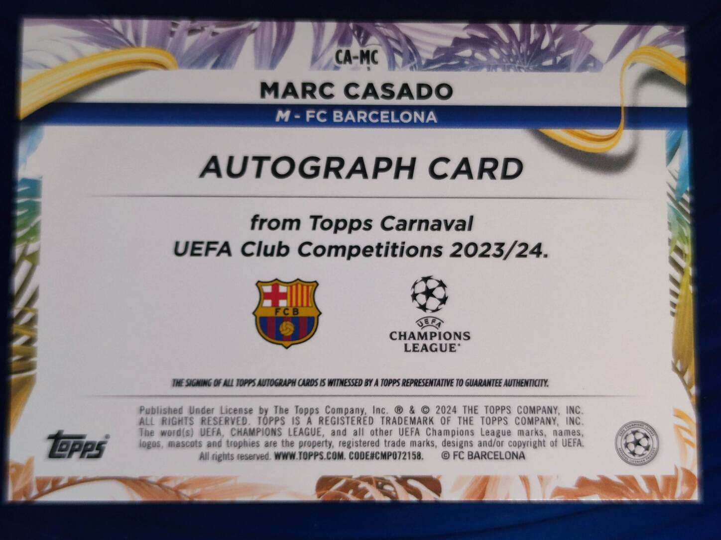 TOPPS CARNAVAL 2023/2024 AUTO MARC CASADO NºCA-MC