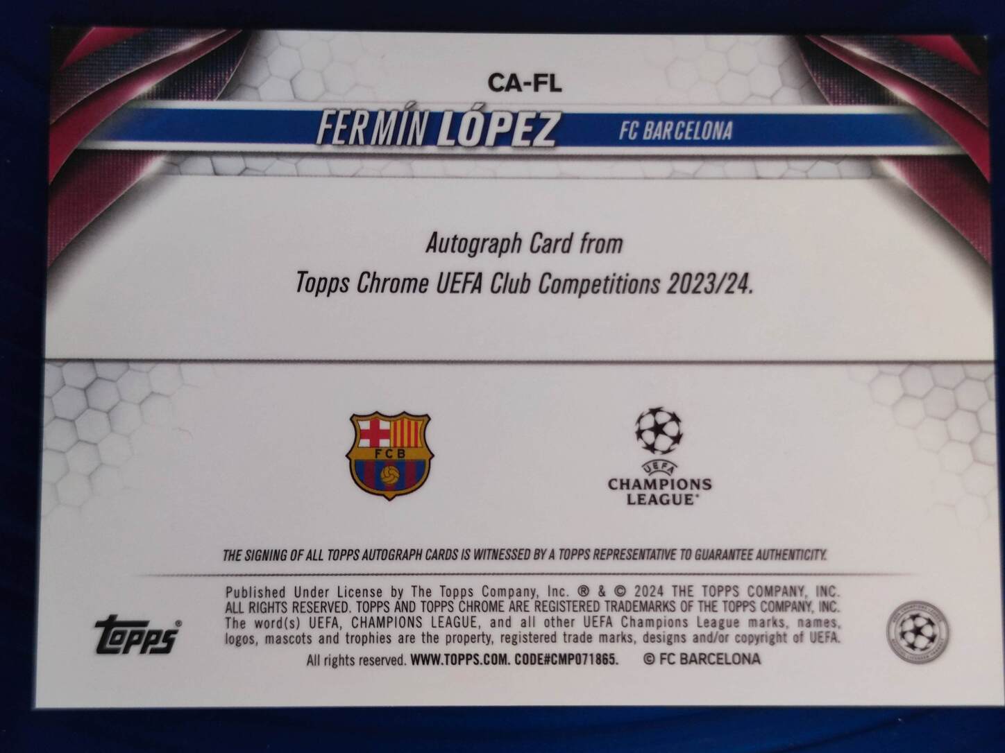TOPPS CHROME UCL 2023/2024 AUTO FERMÍN LÓPEZ NºCA-FL ROOKIE