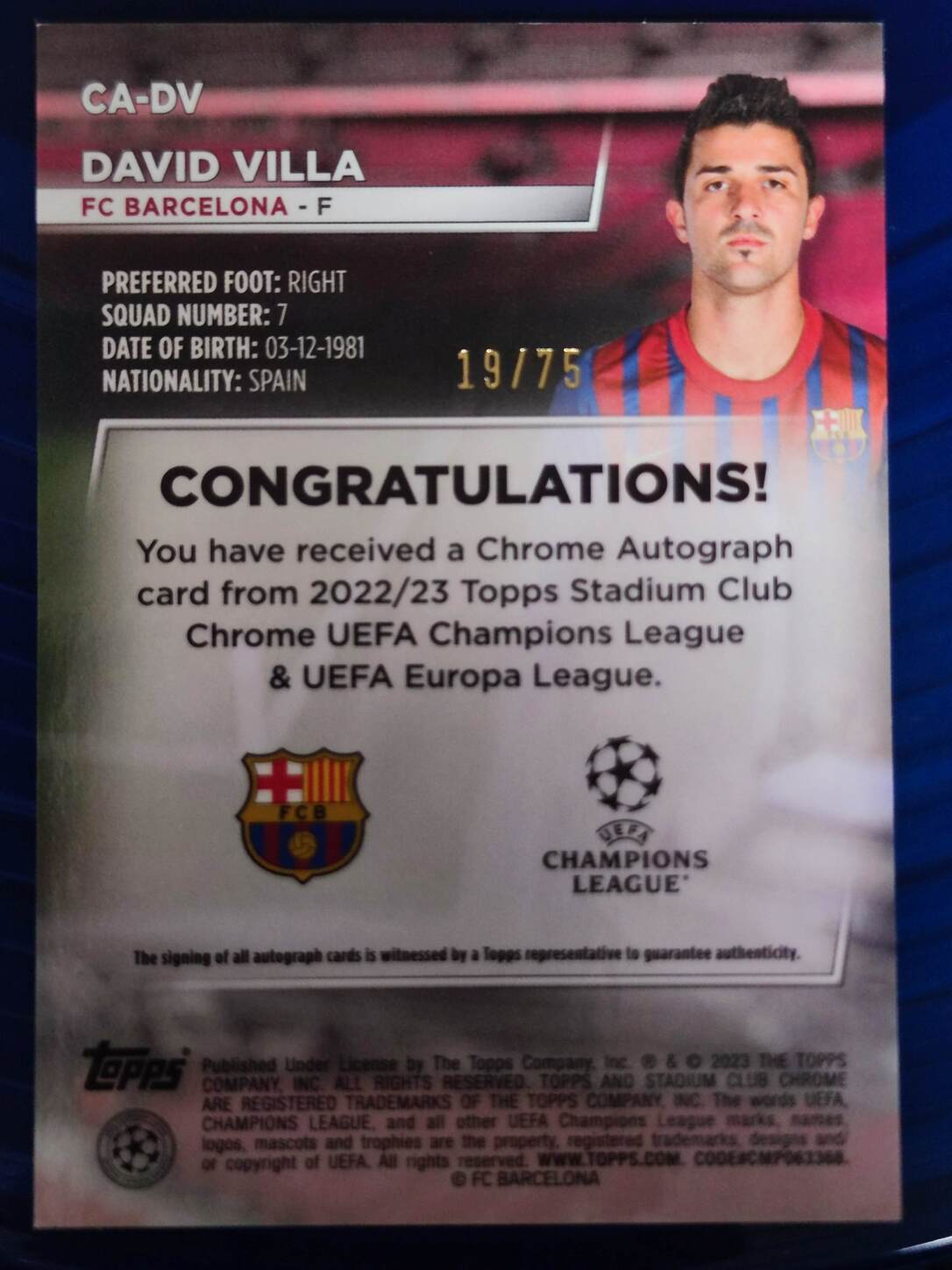 TOPPS STADIUM CHROME 2022/2023 AUTO DAVID VILLA NºCA-DV NUMERADA /75