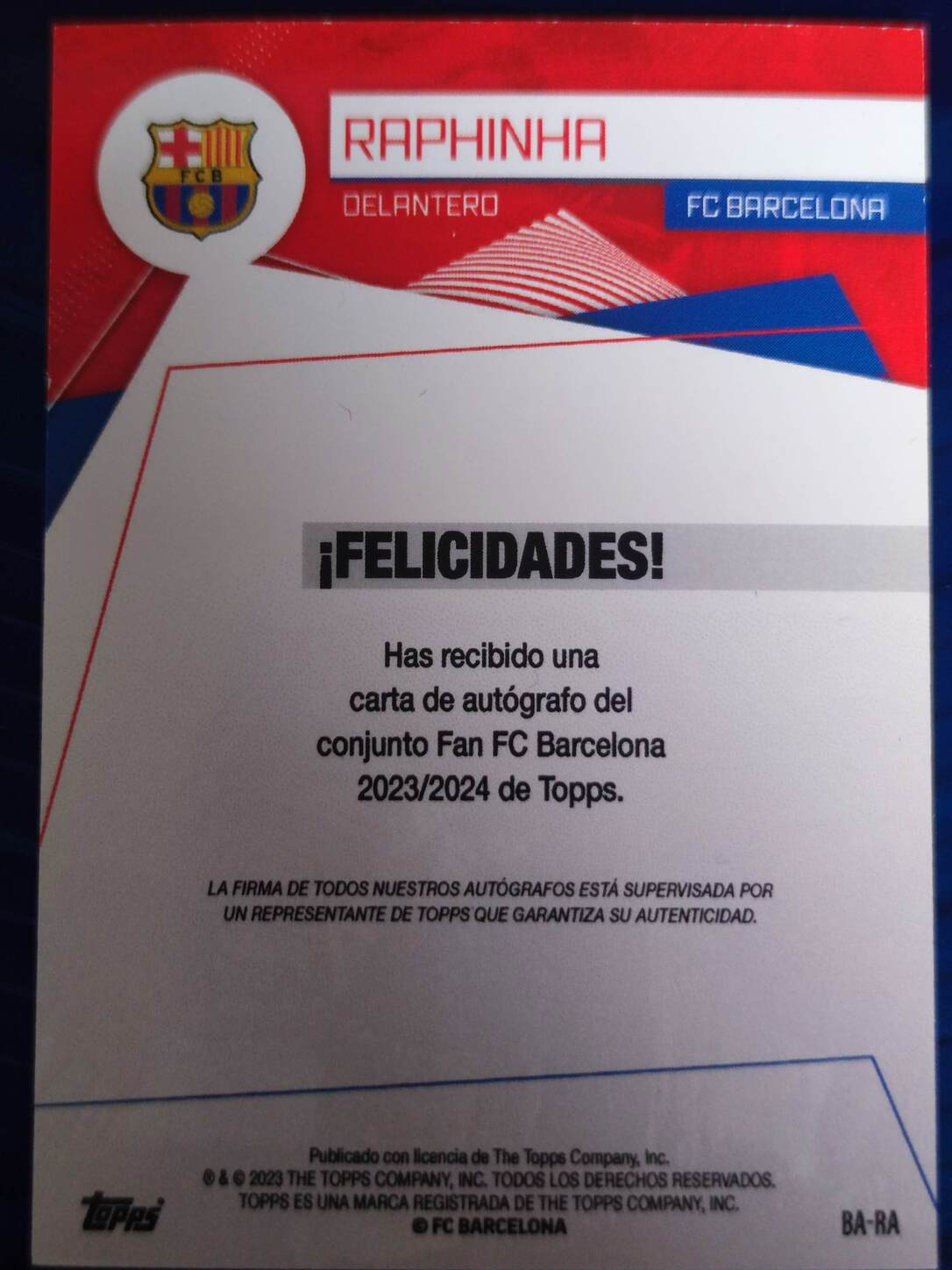 TOPPS FC BARCELONA 2022/2023 AUTO RAPHINHA NºBA-RA