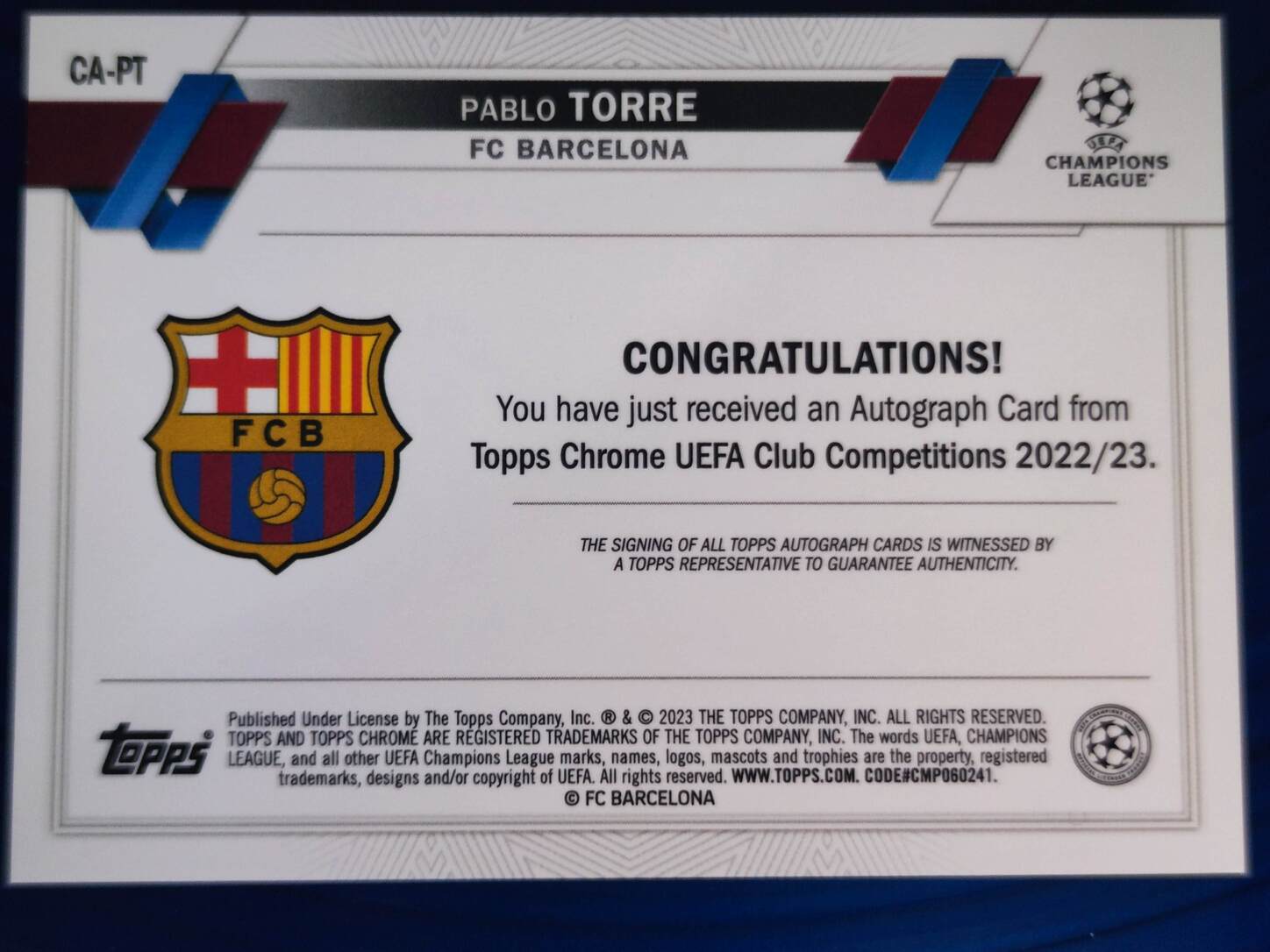 TOPPS CHROME UCL 2022/2023 PABLO TORRE AUTO NºCA-PT ROOKIE