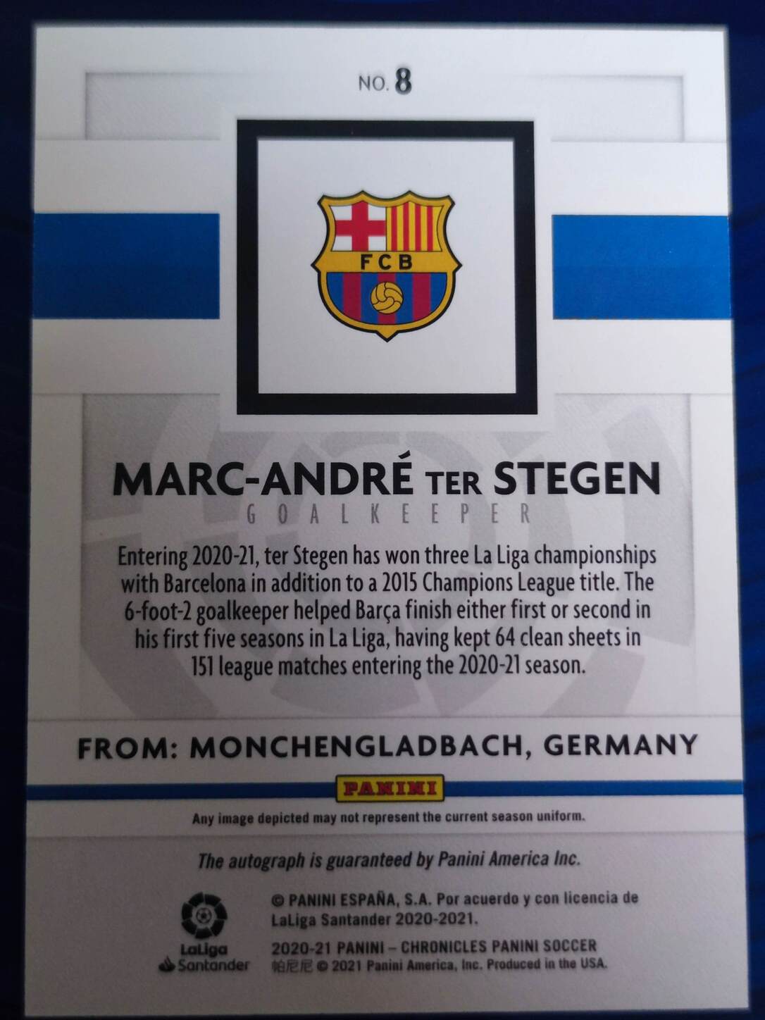PANINI CHRONICLES LA LIGA 2020/2021 MARC-ANDRE TER STEGEN AUTO Nº8 NUMERADO /199