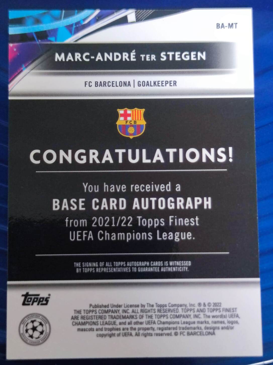 TOPPS FINEST UCL 2021/2022 MARC-ANDRE TER STEGEN AUTO NºBA-MT