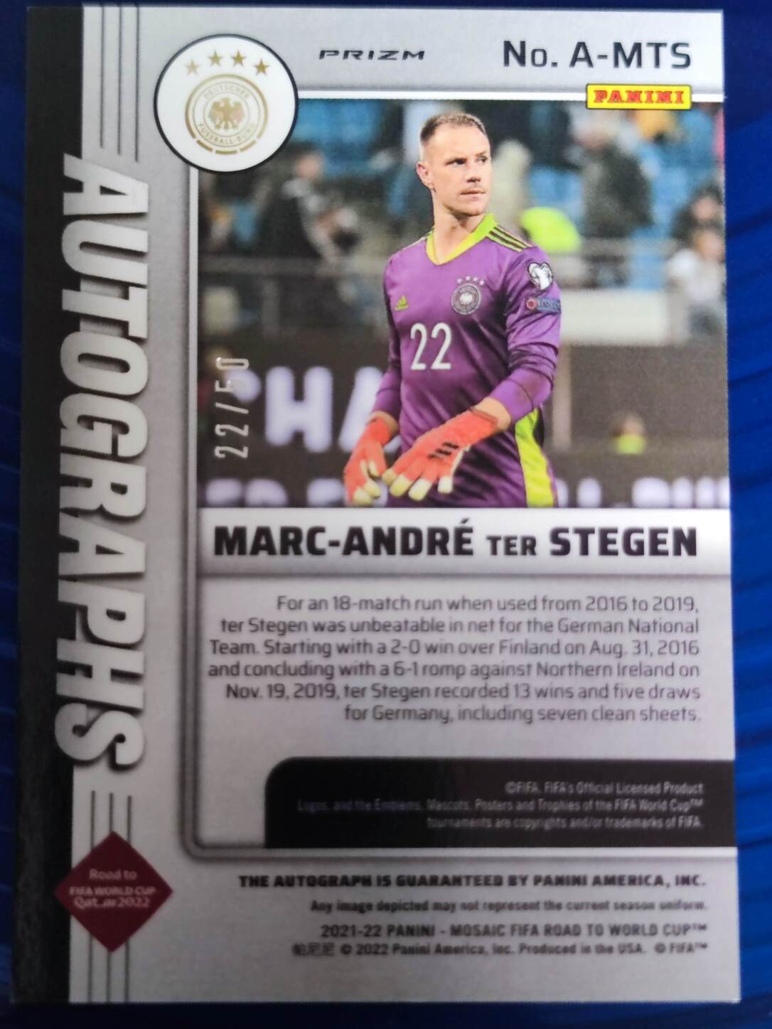 PANINI MOSAIC ROAD TO QATAR 2021/2022 MARC-ANDRE TER STEGEN AUTO NºA-MTS NUMERADO /50