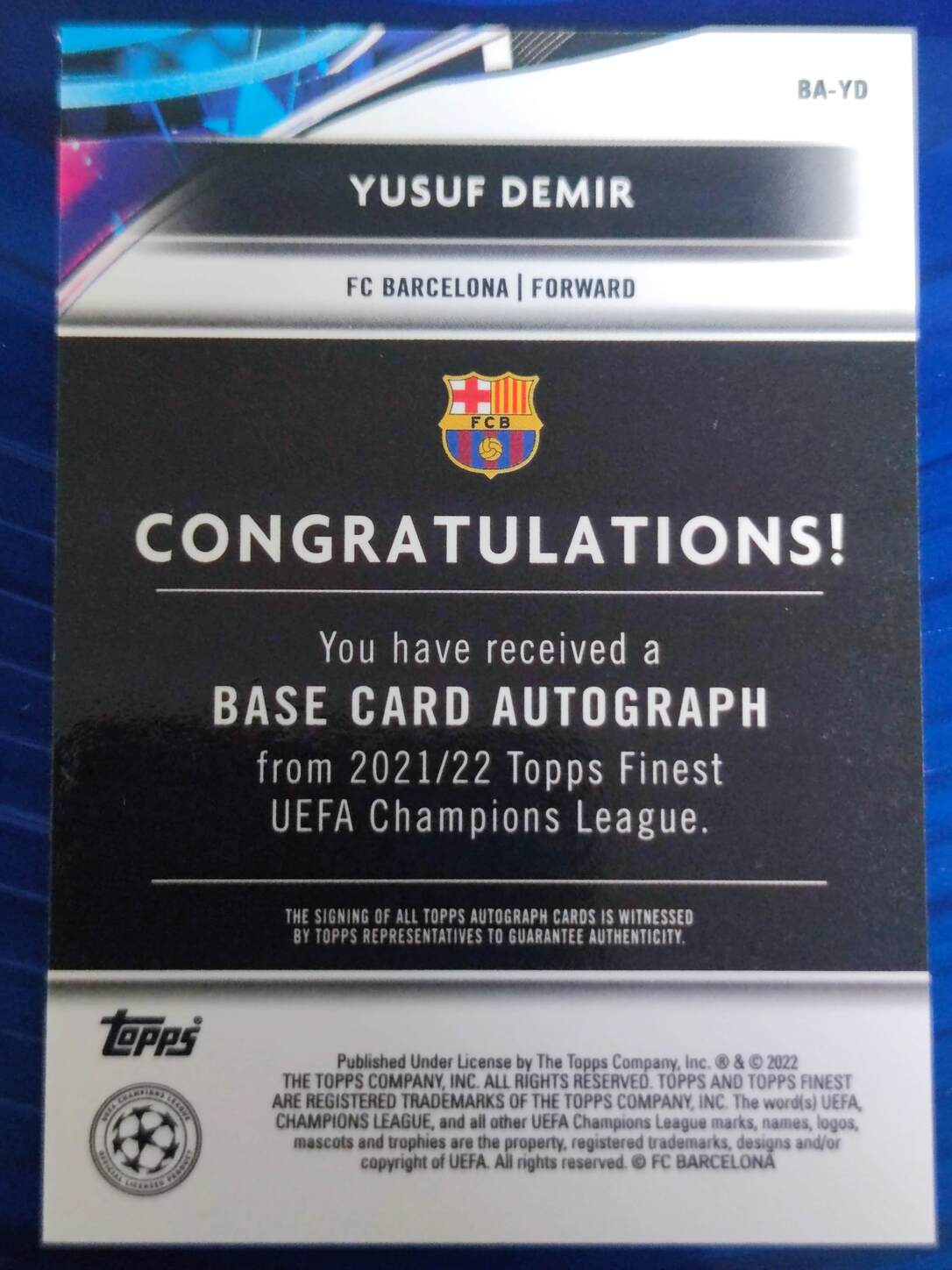TOPPS FINEST UCL 2021/2022 YUSUF DEMIR AUTO NºBA-YD ROOKIE