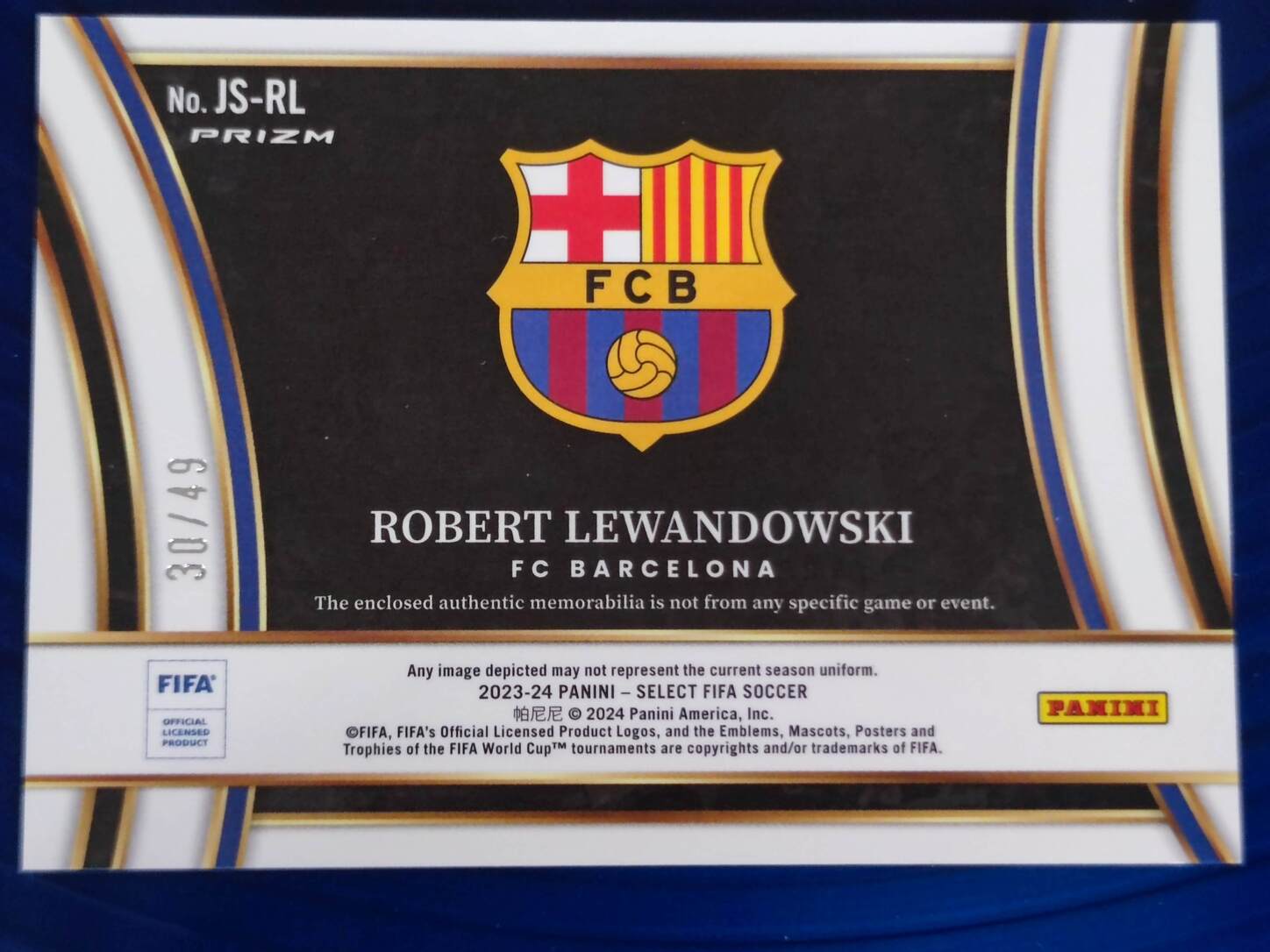PANINI SELECT FIFA 2023/2024 ROBERT LEWANDOWSKI PARCHE NºJS-RL NUMERADO /49