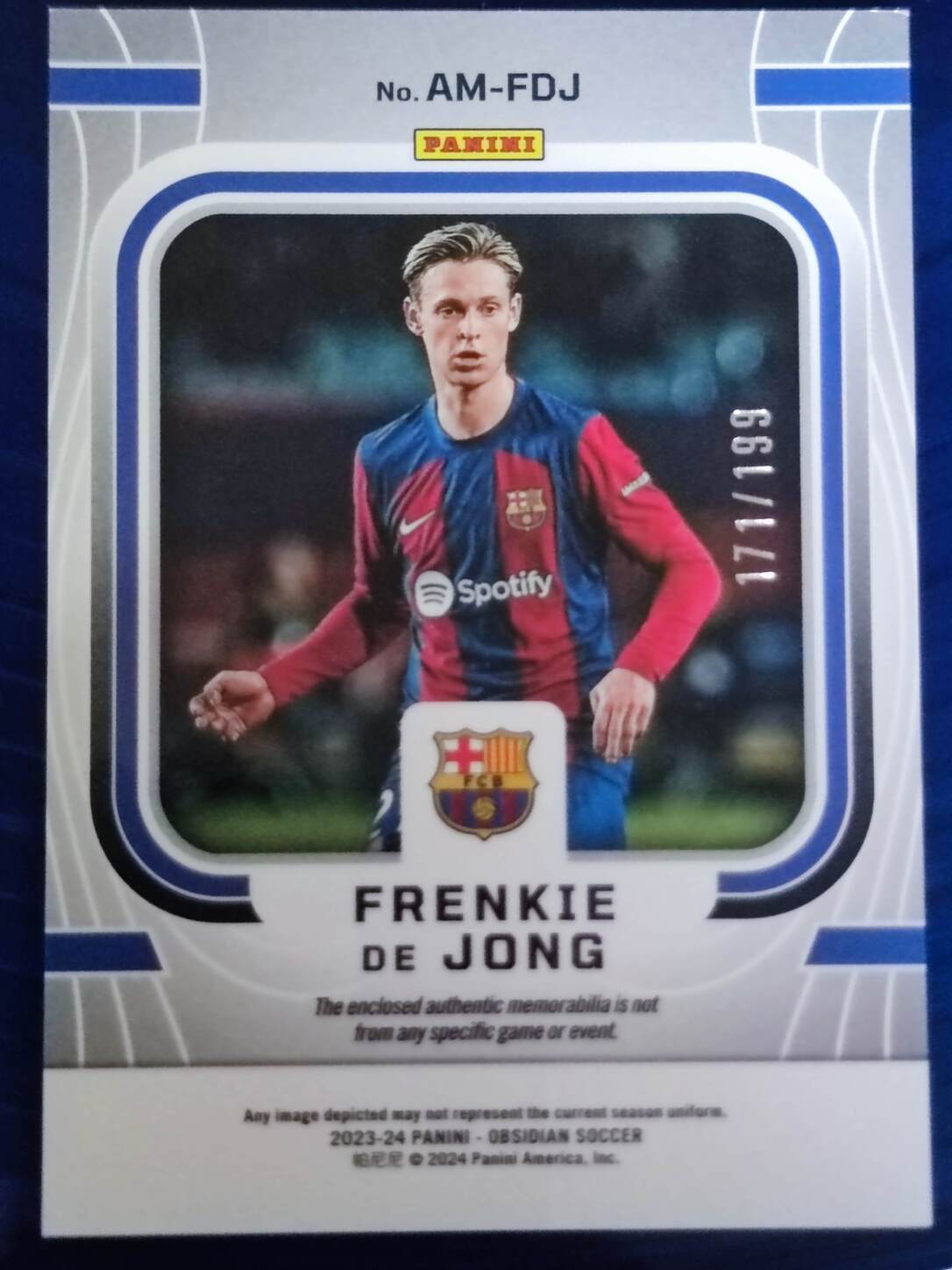 PANINI OBSIDIAN 2023/2024 FRENKIE DE JONG PARCHE NºAM-FDJ NUMERADO /199