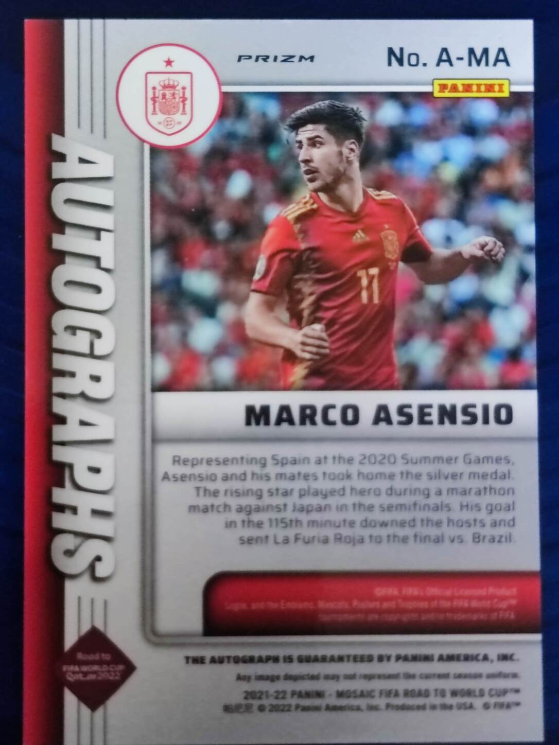 PANINI PRIZM ROAD TO QATAR 2021/2022 MARCO ASENSIO AUTO NºA-MA