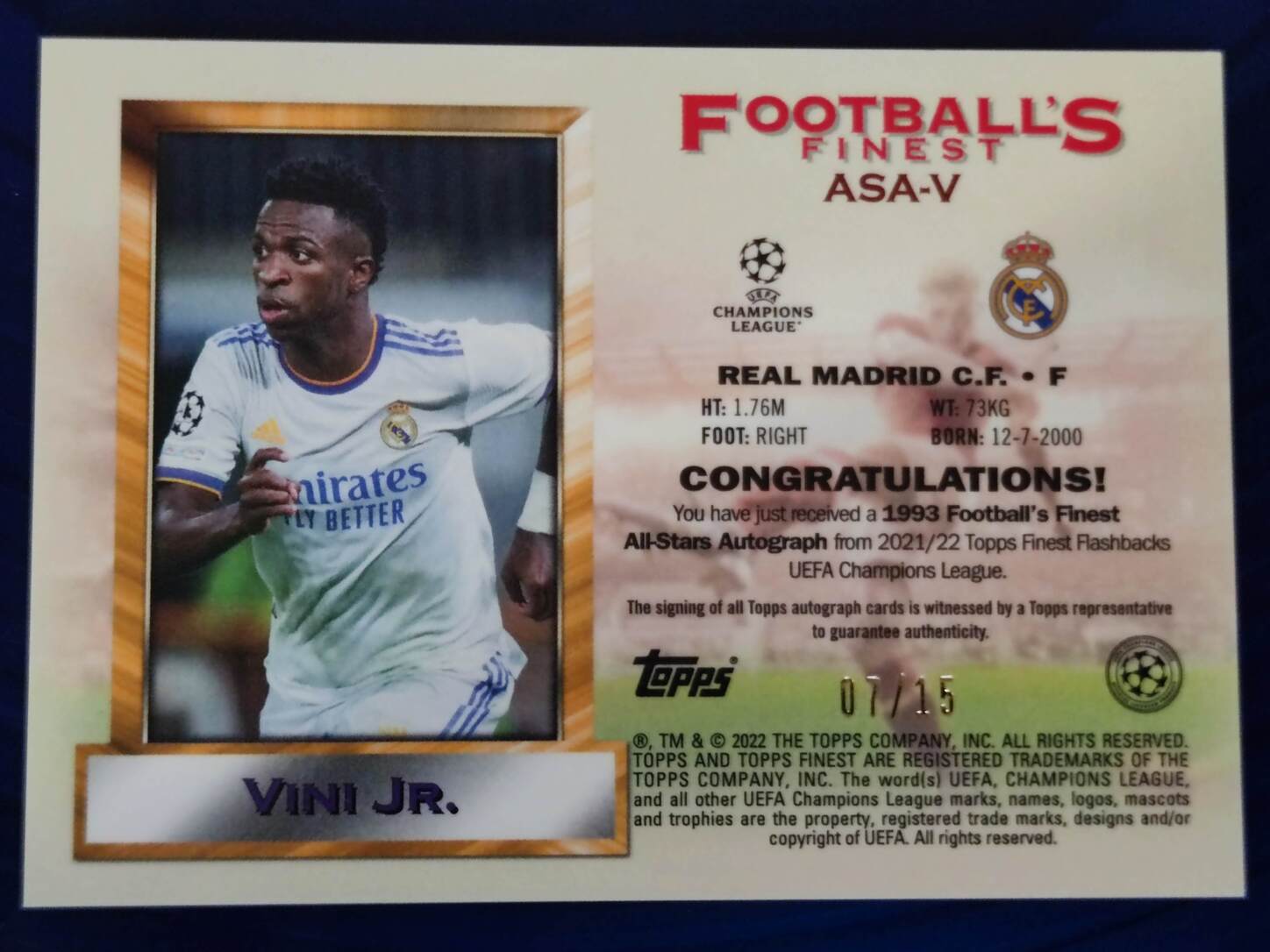 TOPPS FINEST UCL 2021/2022 VINI JR AUTO NºASA-V NUMERADO /15