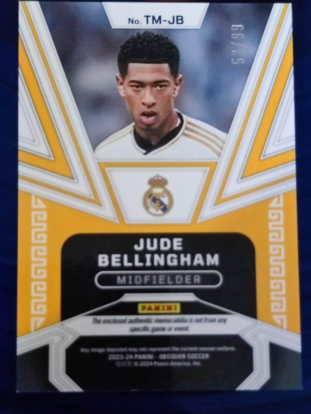 PANINI OBSIDIAN 2023/2024 JUDE BELLINGHAM TRIFECTA PARCHE NºTM-JB NUMERADO /99