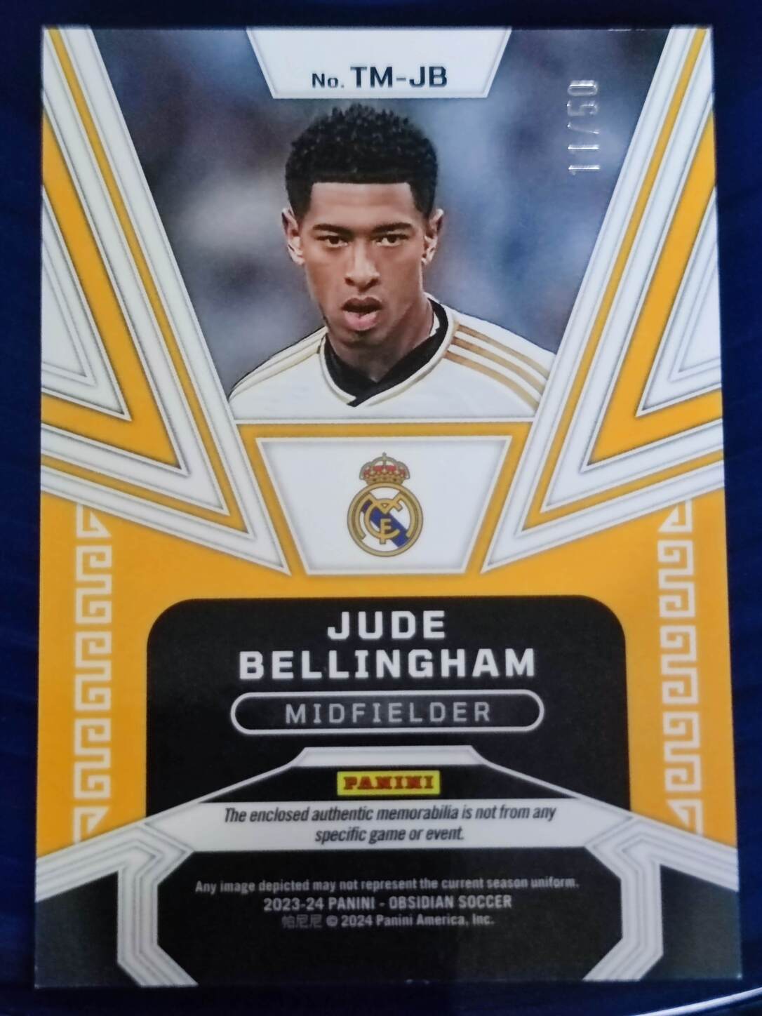PANINI OBSIDIAN 2023/2024 JUDE BELLINGHAM TRIFECTA PARCHE NºTM-JB NUMERADO /50