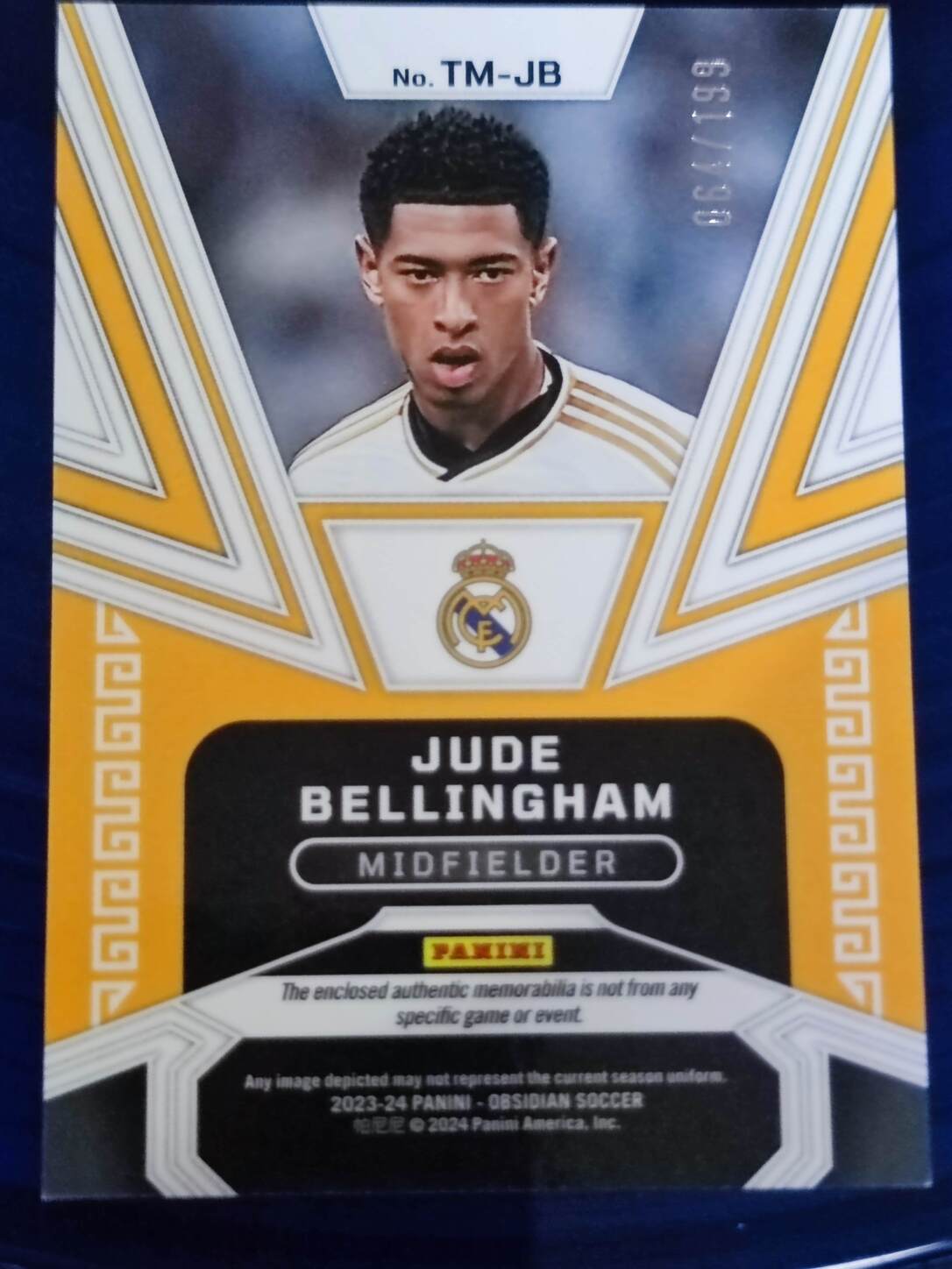 PANINI OBSIDIAN 2023/2024 JUDE BELLINGHAM TRIFECTA PARCHE NºTM-JB NUMERADO /199