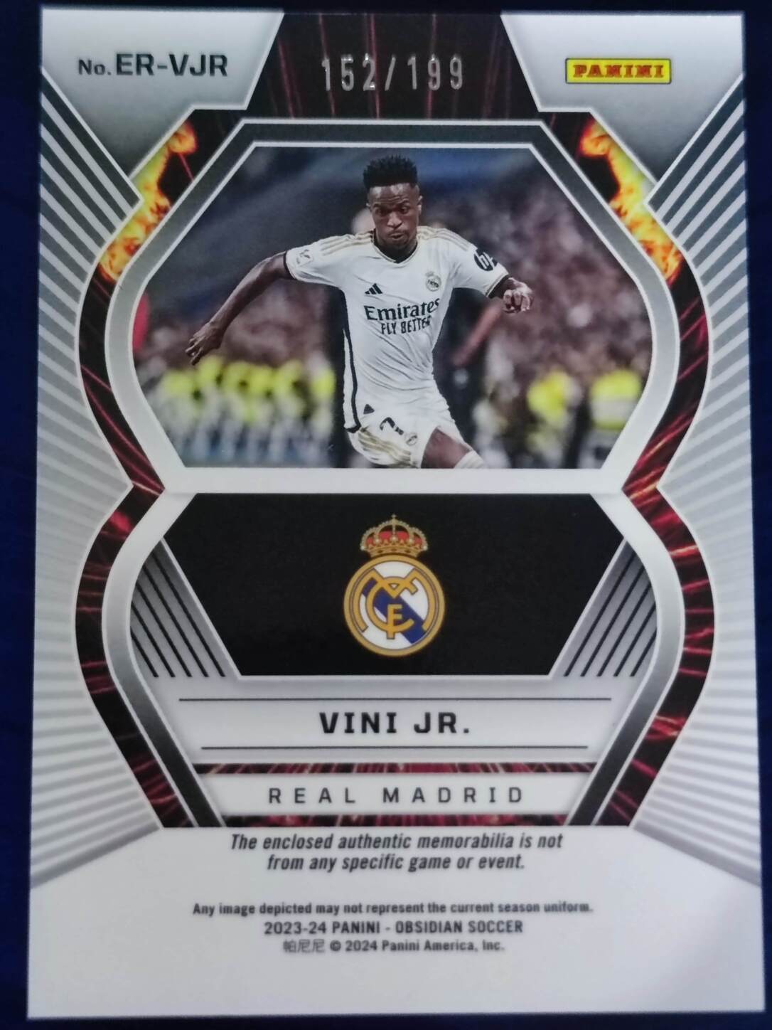 PANINI OBSIDIAN 2023/2024 VINI JR. PARCHE NºER-VJR NUMERADO /199