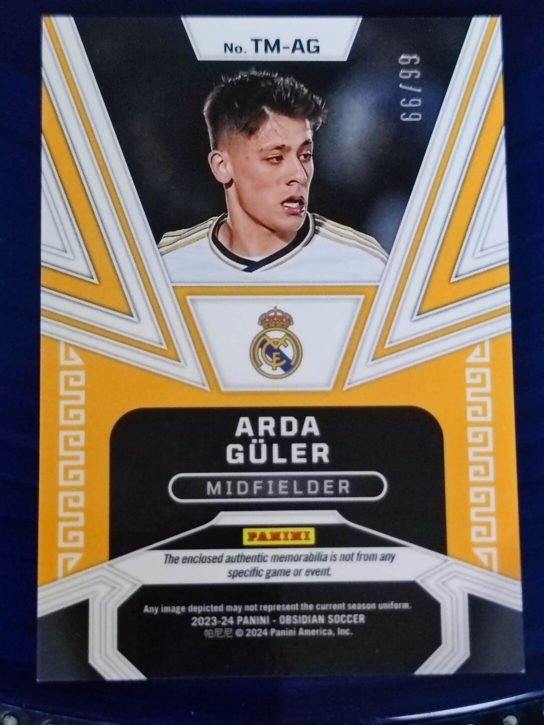 PANINI OBSIDIAN 2023/2024 ARDA GÜLER TRIFECTA PARCHE NºTM-AG NUMERADO /99 ROOKIE