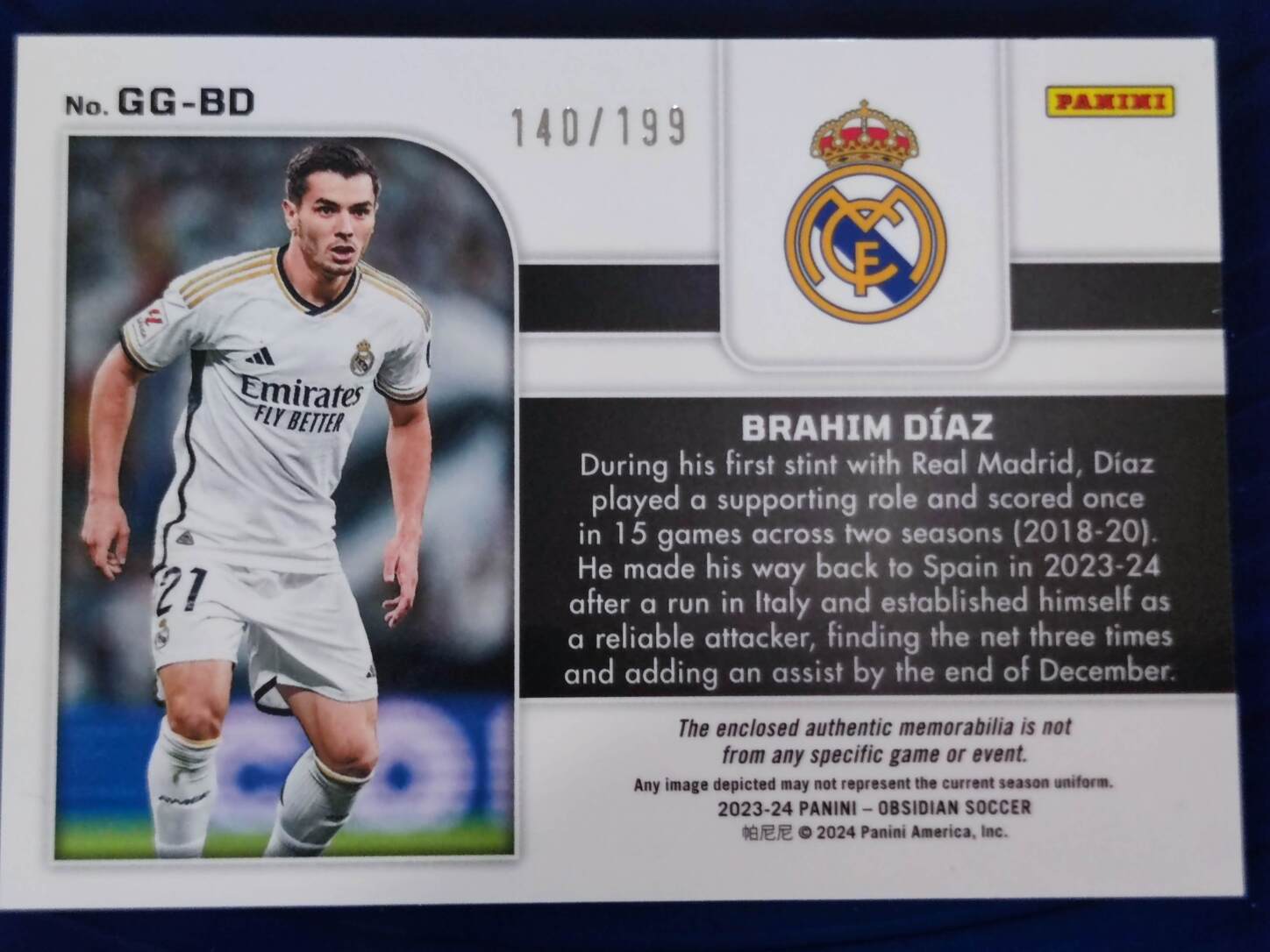 PANINI OBSIDIAN 2023/2024 BRAHIM DÍAZ PARCHE NºGG-BD NUMERADO /199