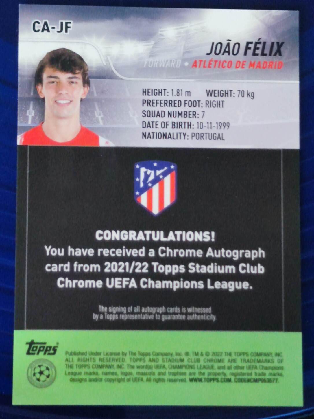 TOPPS STADIUM CHROME 2021/2022 JOAO FELIX AUTO NºCA-JF