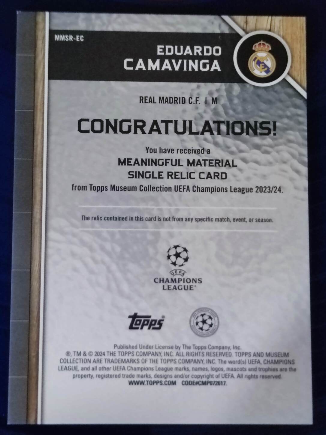 TOPPS MUSEUM UCL 2023/2024 EDUARDO CAMAVINGA PARCHE NºMMSR-EC NUMERADO /199