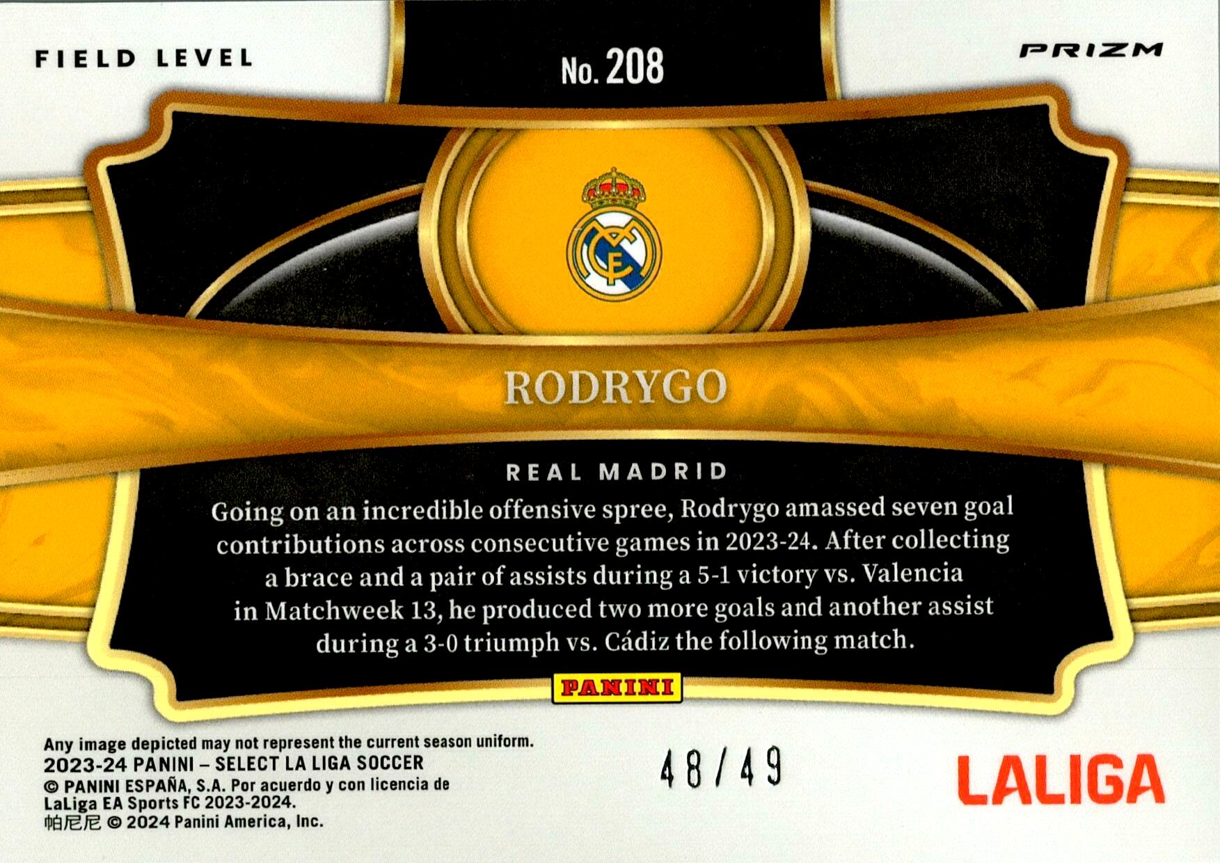 PANINI SELECT LA LIGA 2023/2024 RODRYGO Nº208 NUMERADA /49