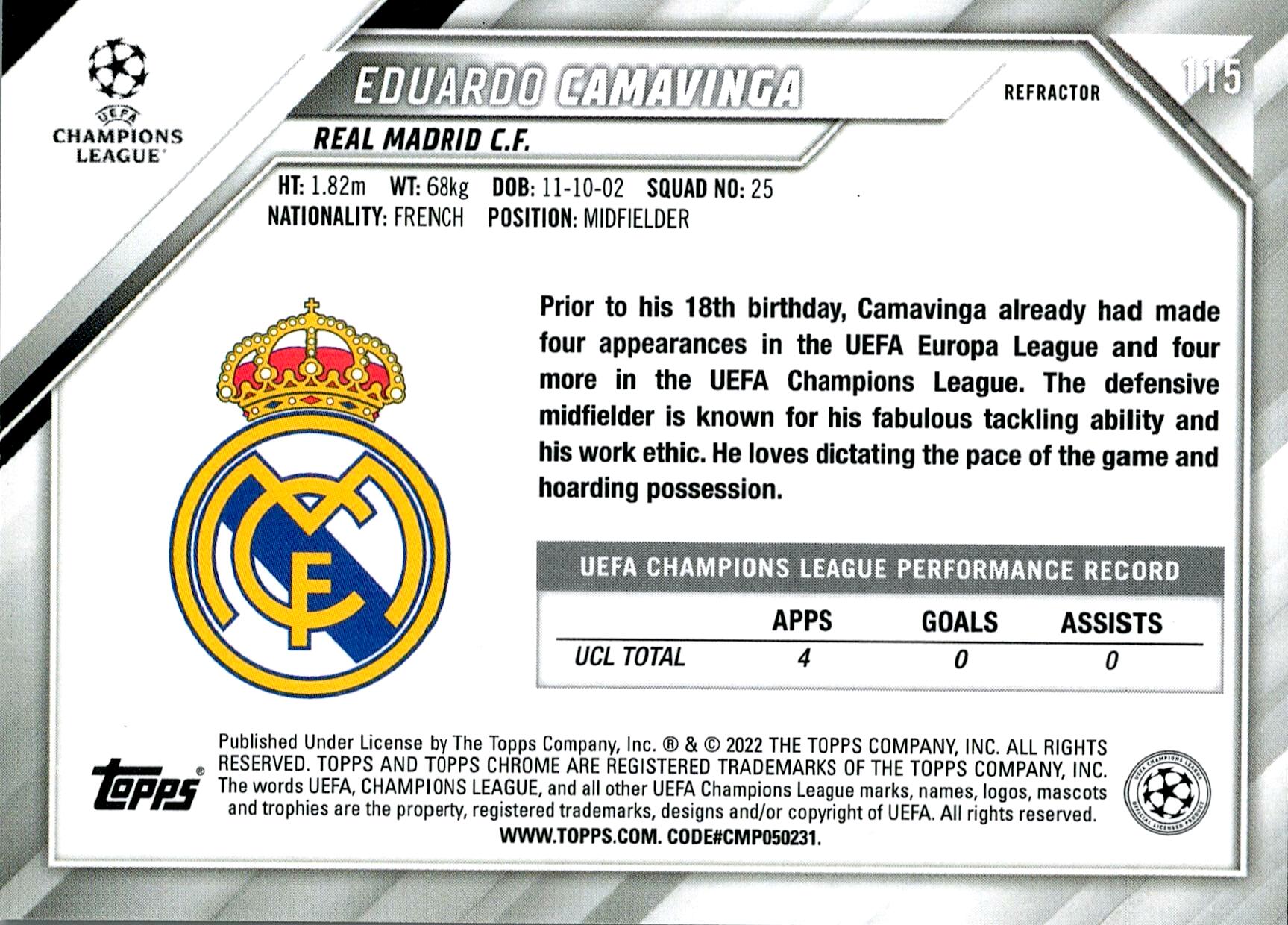 TOPPS CHROME UEFA CHAMPIONS LEAGUE 2021/2022 - CAMAVINGA Nº115