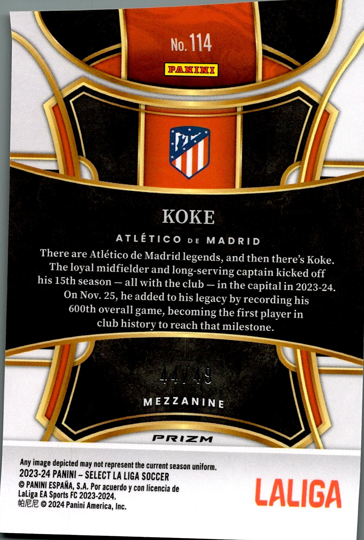 PANINI SELECT LA LIGA 2023/2024 KOKE Nº114 NUMERADA /50