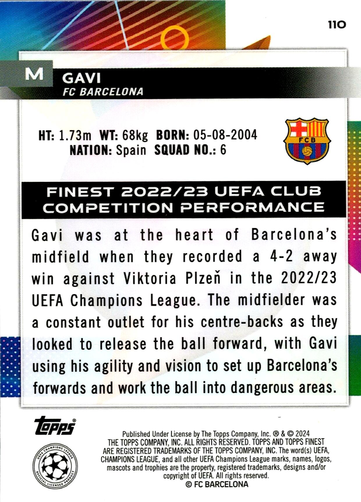 TOPPS FINEST UCL 2023/2024 GAVI Nº110 NUMERADA /250