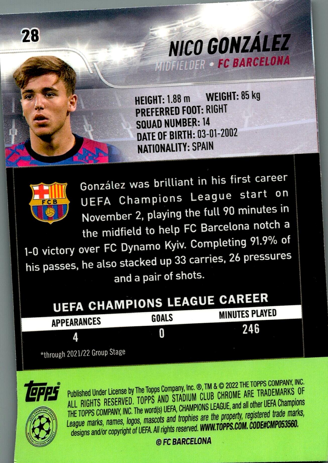 TOPPS STADIUM CHROME 2021/2022 NICO GONZALEZ Nº28 ROOKIE